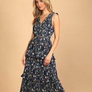 Lulus Such Sophistication Navy Blue Floral Print Pleated Maxi Dress - Size XL
